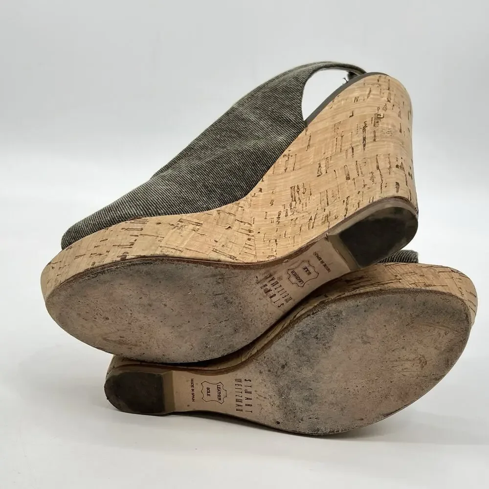 Stuart Weitzman‎ Glove Tan Stretch Wedge Slingback Sandal Size 8M Cork Peep Toe - Picture 11 of 12